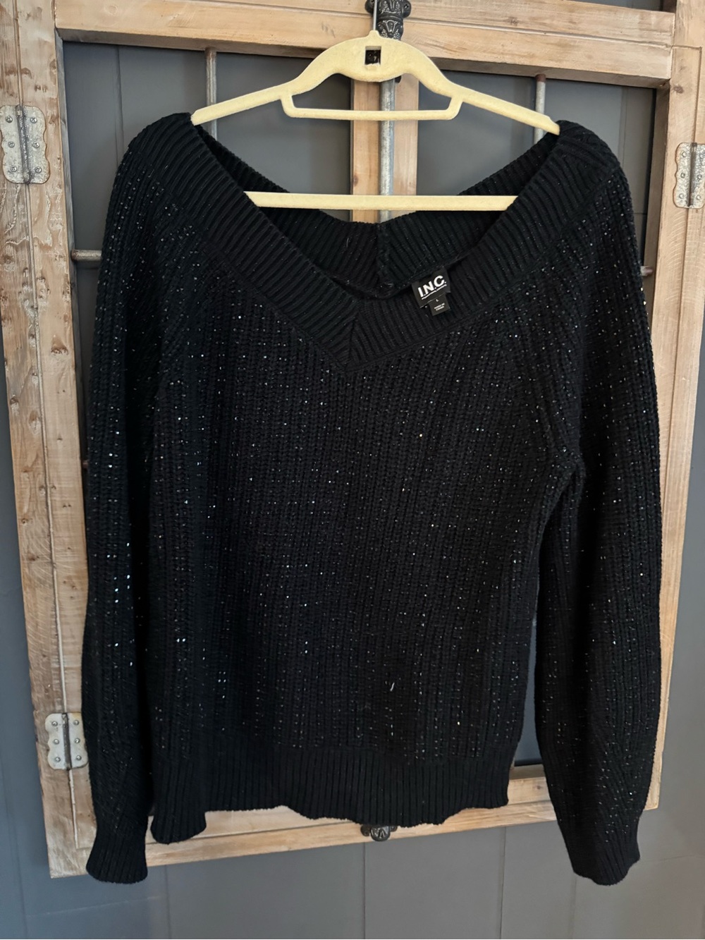 INC International Concepts Black V-Neck Sparkle Rib Sweater